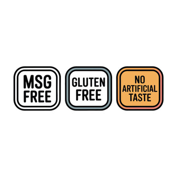 Three square badges indicate MSG free, gluten free, and no artificial taste for a product.