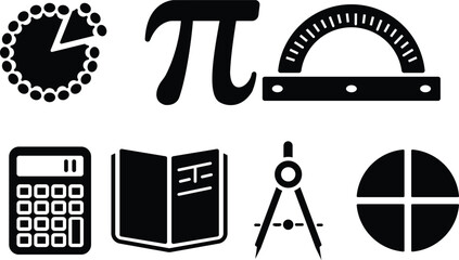 Mathematics and geometry educational icons set vector illustration including calculator protractor compass pi symbol book and chart for school student academic lesson tools
