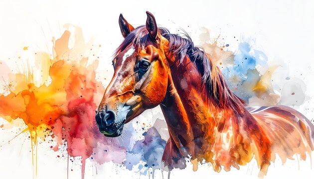 Retrato art&iacute;stico de caballo en acuarela con salpicaduras de color y estilo contempor&aacute;neo