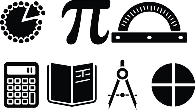 Mathematics and geometry educational icons set vector illustration including calculator protractor compass pi symbol book and chart for school student academic lesson tools