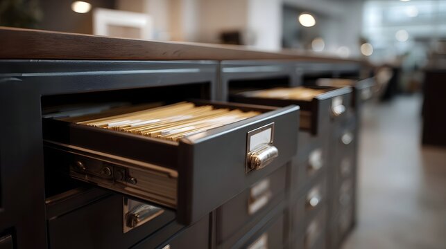 An open filing cabinet drawer filled with manila folders in a vintage office setting