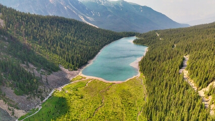 Scenic summer aerial panorama of Cavell Lake Trail and surrounding Rockies in Jasper