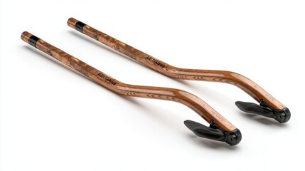 Obraz premium Pair of wooden walking sticks isolated on white background, mobility support equipment, medical aid for elderly rehabilitation, healthcare assistance concept