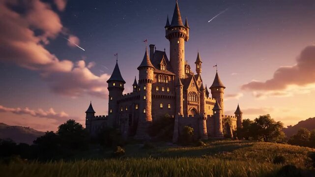 Medieval castle with towers and turrets at sunset.