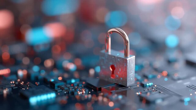 A lock is on a computer chip. The lock is red and silver