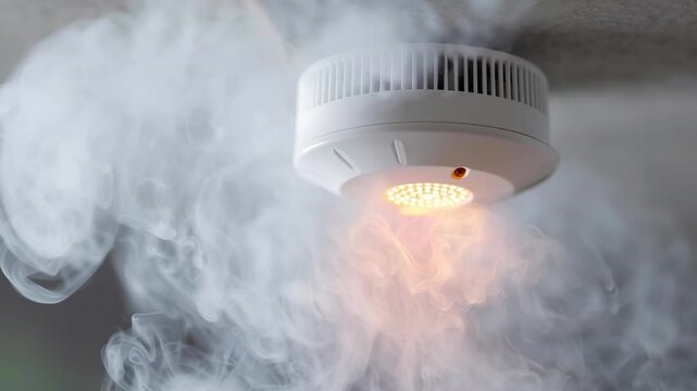 A smoke detector is lit up in a room with smoke. The smoke is coming from a fire