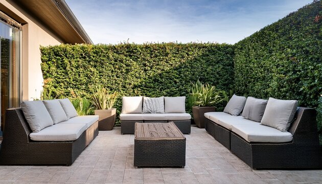 modern outdoor lounge area with hedge wall