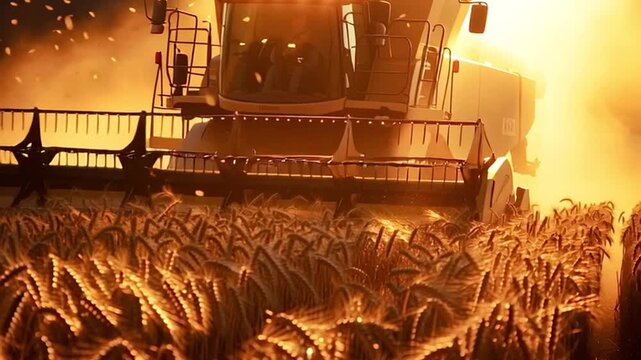 Agricultural combine harvester moving through a golden wheat field and cutting the ripe ears with a reel and cutter bar during a beautiful sunset, kicking up dust and chaff in the warm light