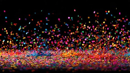 Colorful confetti explosion falling onto a pile over a black background vibrant party and celebration abstract texture