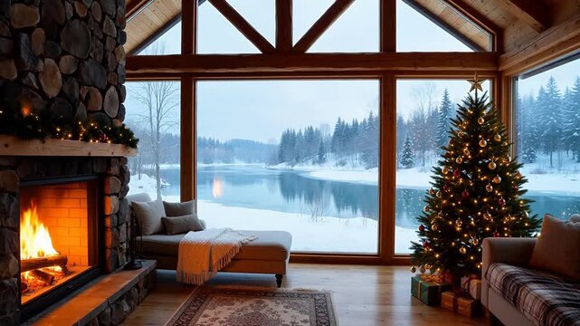 Cozy cabin interior with Christmas tree and snowy view