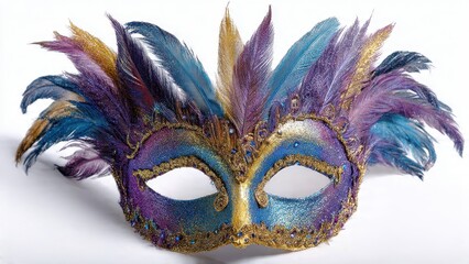 Blue and Purple Carnival Mask with Glitter and Feathers, Venetian Masquerade Party Decoration Isolated on White