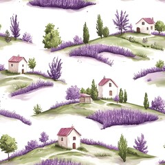 watercolor countryside pattern with lavender fields and houses