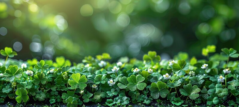 A detailed close-up shot reveals a four-leaf clover with distinctive light green markings, surrounded by other clover leaves in a vibrant green setting
