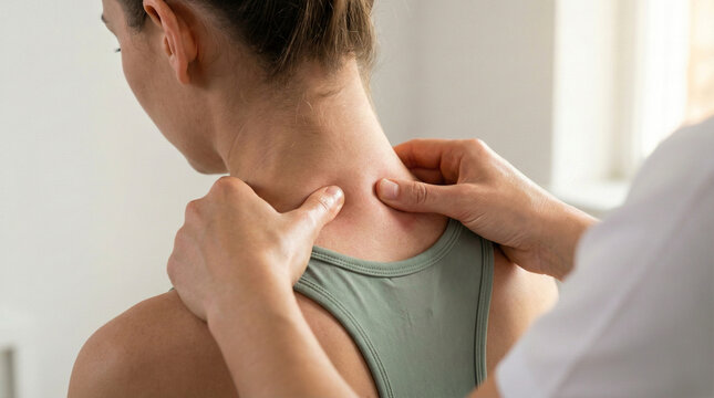 Faceless physiotherapist applying symmetrical thumb pressure on female patient neck with visible redness during massage in bright clinic
