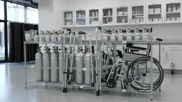 Medium shot of a centralized medical storage room with organized shelves holding oxygen tanks and mobility aids main items in sharp focus against blurred background cabinets.