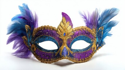 Vibrant Glitter Mardi Gras Masquerade Mask with Blue and Purple Feathers, Isolated on White for Carnival or Party Themes