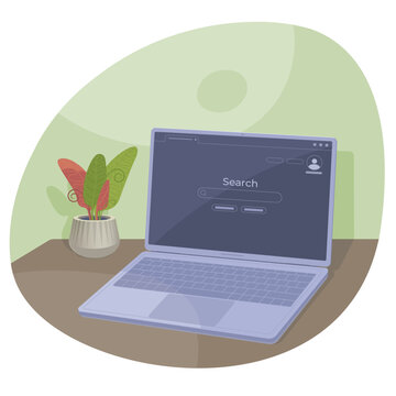 A desktop, an open laptop, and a web search page with a potted decorative plant on the table. Vector illustration.
