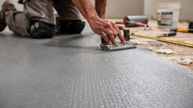 Midrange view of a person smoothing out a slipresistant vinyl floor with the textured surface sharply in focus and the installation tools softly blurred in the background.