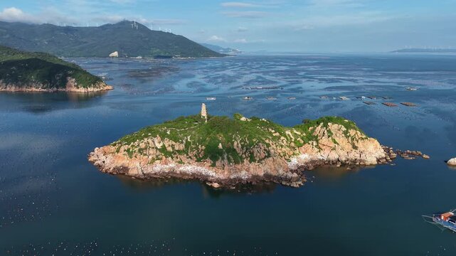 A dilapidated tower on the small island