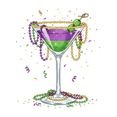 festive cocktail glass with mardi gras beads