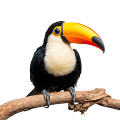 Fototapeta premium Toucan Sits on a Branch With a Bright Beak in a Light Background During Daytime