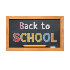 Fototapeta premium Chalkboard With Back to School Message and Yellow Pencil in a Classroom Setting