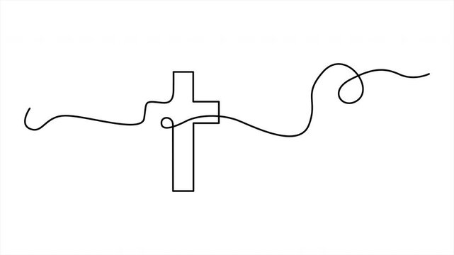 Continuous one line drawing animation of a Christian cross with draped shroud on white background
