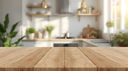Empty wooden table top with blurred modern kitchen background. Ideal for product display, food presentation, mockup template. Clean, bright domestic interior for contemporary lifestyle designs.