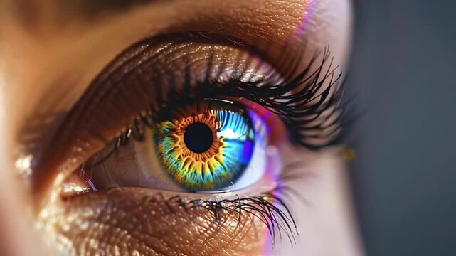 Extreme close up of a beautiful woman's eye blinking slowly, revealing a stunning, multicolored iris with psychedelic patterns and vibrant colors reflecting light from an unseen source