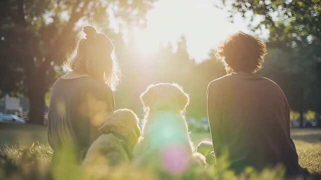 Happy family with dog sitting in the park at sunset.