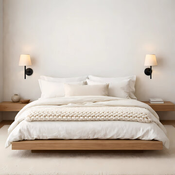Minimalist bedroom with a Cloud Dancer 11-4201 TCX (Pantone 2026) upholstered headboard wall. White and cream linen bedding, creamy knit throw, black sconces with cream shades. Calming, sophisticated 