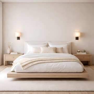 Minimalist bedroom with a Cloud Dancer 11-4201 TCX (Pantone 2026) upholstered accent wall. White and cream linen bedding, creamy knit blanket, black sconces with cream shades, cream rug. Serene, layer