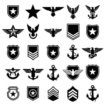 Collection of black military insignia and heraldic symbols on white background