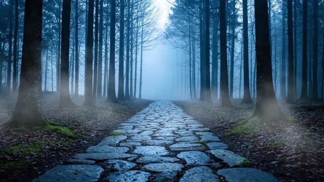 Mysterious stone path through a foggy forest landscape.