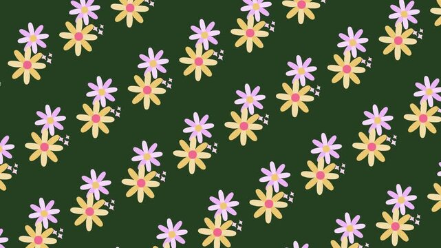 Seamless floral pattern with mixed yellow and purple blossoms on dark green background animation. Repeating botanical wallpaper with hand-drawn spring flowers. Natural theme banner with daisy icons.