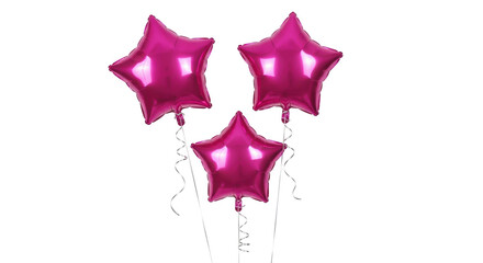 Three magenta star-shaped foil balloons isolated PNG, party decoration for birthday celebration and festive events on transparent background © Nicolae