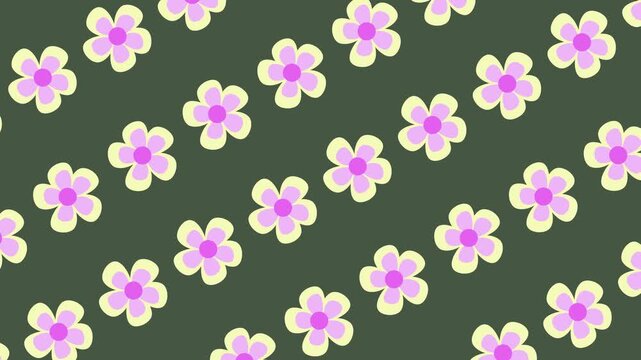Seamless floral pattern with pink and yellow blossoms on a background animation. Elegant botanical wallpaper with repeating hand-drawn pink flowers. Horizontal seamless banner for romantic backdrop.