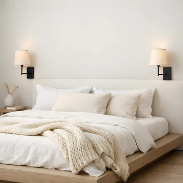 Minimalist bedroom with a Cloud Dancer 11-4201 TCX (Pantone 2026) upholstered headboard wall. White and cream linen bedding, creamy knit throw, black sconces with cream shades. Calming, sophisticated 