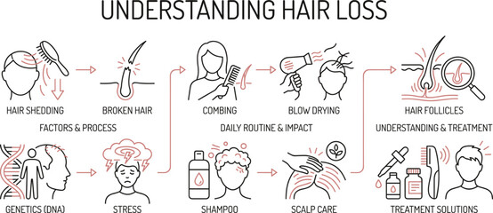 Obraz premium Hair loss infographic showing causes, daily routines, impacts, and treatment solutions with icons for education and awareness.
