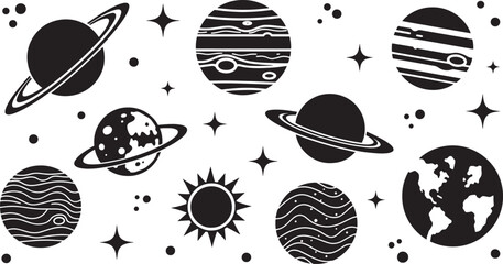 Set of vector illustrations featuring various celestial bodies including planets, stars, and a sun, perfect for space-themed designs and educational materials