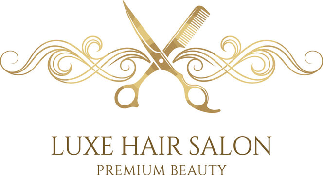 Luxe Hair Salon logo with golden scissors and comb, elegant swirls, and premium beauty branding in luxury style.