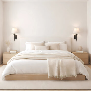 Minimalist bedroom with a Cloud Dancer 11-4201 TCX (Pantone 2026) headboard wall. White and cream linen bedding, black sconces with cream shades, creamy boucl&eacute; throw. Soothing, monochrome with warm ac