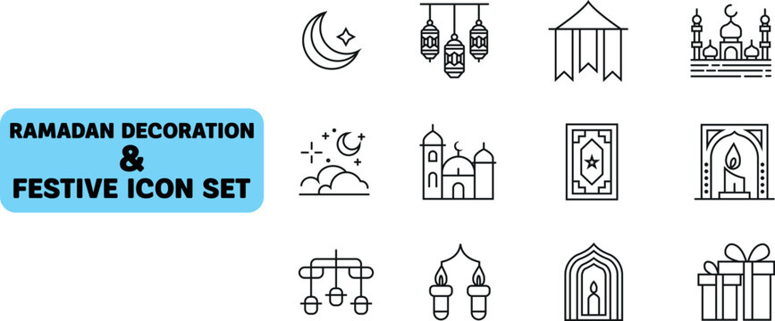 Ramadan Decoration and Festive Icon Set: a set of illustrations for Ramadan with moon, star, lantern, tent, mosque, book, arch, gift, and other symbols of the religious celebration.