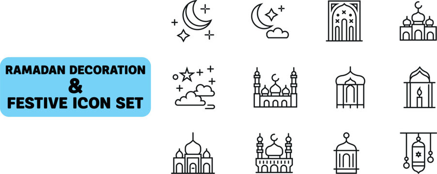 Ramadan Decoration and Festive Icon Set: a set of illustrations for Ramadan with mosque and moon theme icons. 
