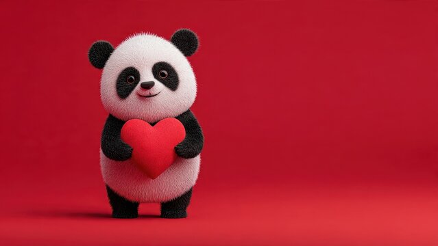 Adorable Fluffy Baby Panda Holding Red Heart on Red Background with Copy Space