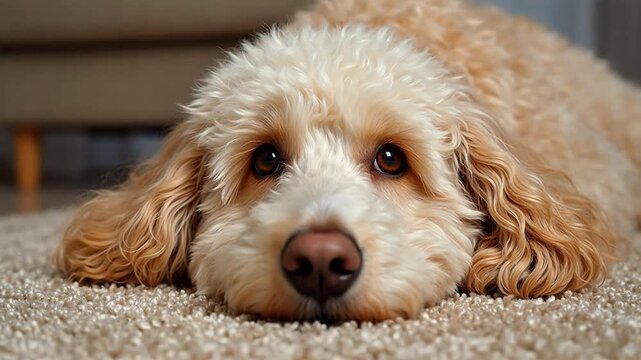 Cockapoo dog resting on carpet