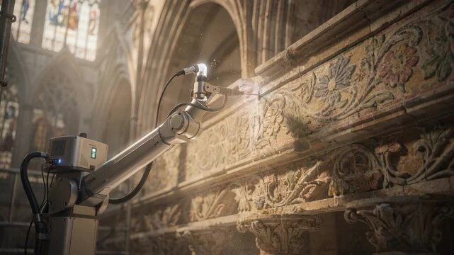 Medium shot capturing a robotic cleaner restoring delicate floral patterns on a cathedrals ornate archway with focus on the robots deft tool and blurred architecture behind.