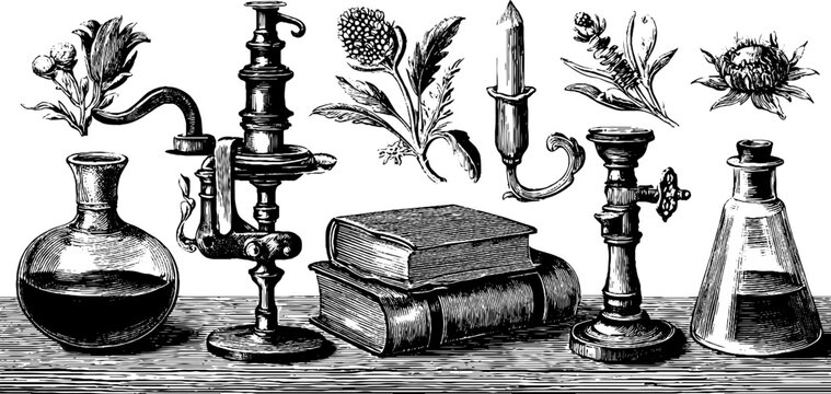 Vintage botanical and fireplace tools set with 19th century engravings for retro design