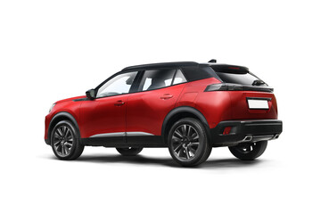 Isolated studio photo of a red modern SUV from a slight rear left side angle on a white background.