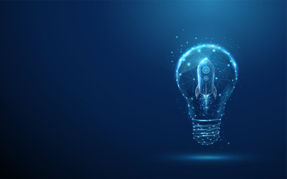 3d rocket inside light bulb. Startup launch, business growth, innovation acceleration, AI-powered solutions, technology boost, transformation, breakthrough concept.